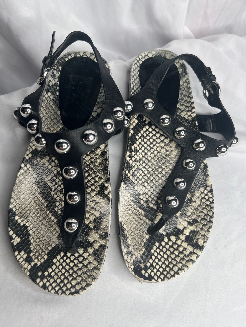 Marc Fisher Mlindie Black Studded T-Strap Sandals with Reptile Snakeskin Insole